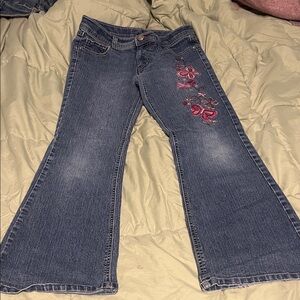 Faded Glory Blue Flare Jeans with Pink Embroidery
